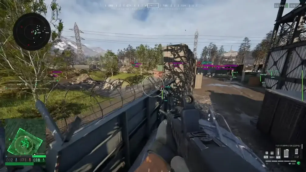 First-person view over barbed wire toward trees and buildings, with colored player name and distance labels and a circular radar in the top left.