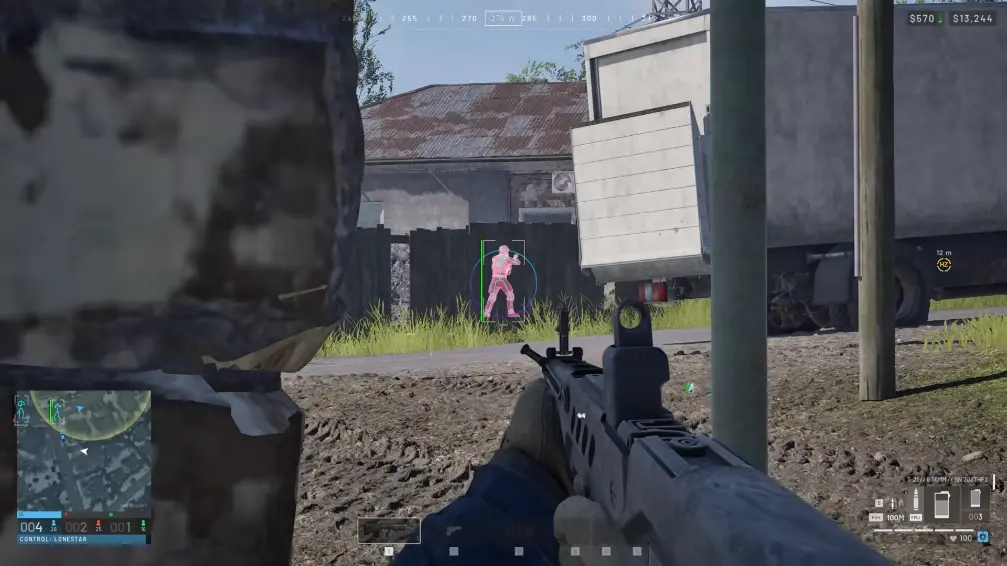 First-person view of a rifle aimed at a standing player outlined in pink, with a green vertical line and a blue circle around the head.