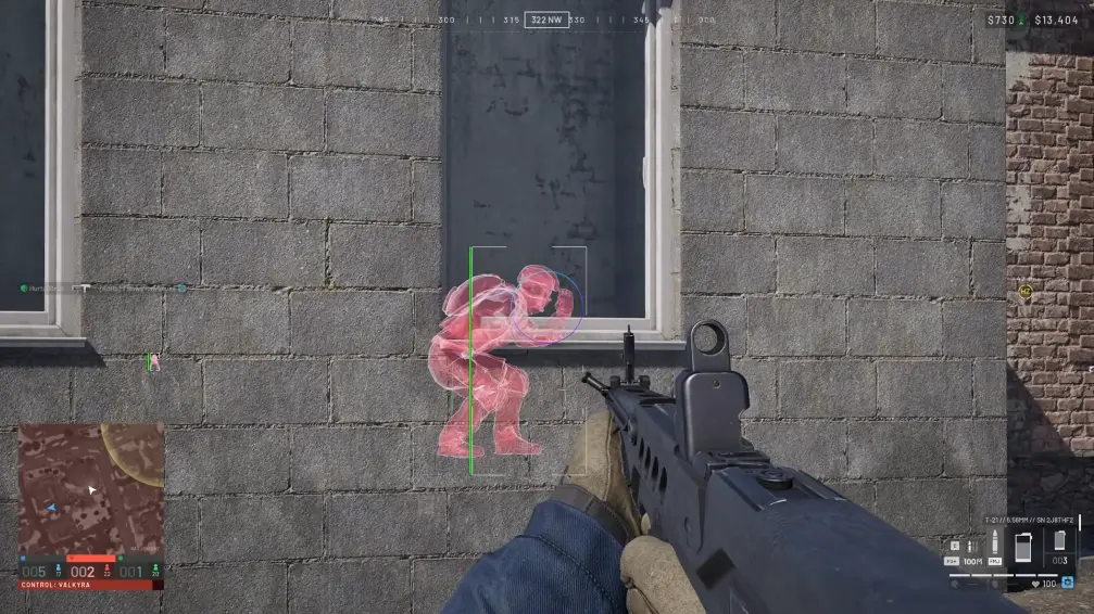 First-person view of a rifle aimed at a brick wall, with a pink player outline crouched in a window, a green vertical line, and a blue circle around the head.