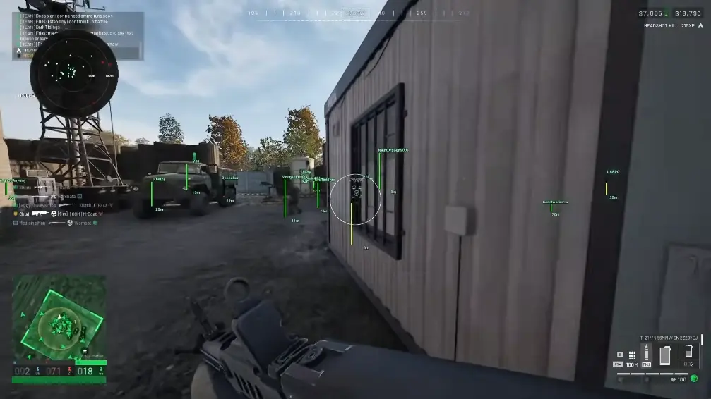 First-person view of a metal building and parked trucks, with green vertical lines and player name and distance labels.