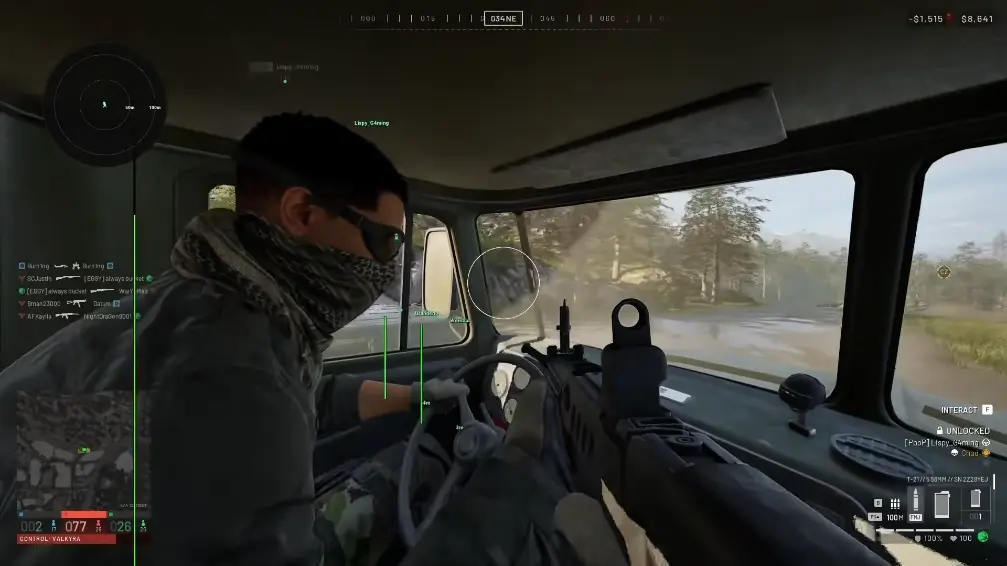 View from inside a vehicle, with green player name labels and vertical lines, and a circular radar in the top left.